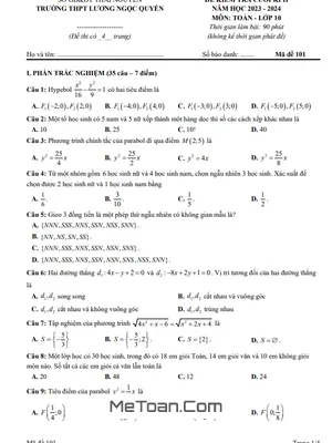 Đề Thi Cuối Kì 2 Toán 10 Năm 2023 - 2024 Trường THPT Lương Ngọc Quyến - Thái Nguyên