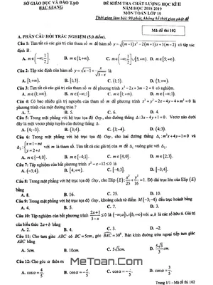 Đề thi học kì 2 Toán 10 năm 2018 - 2019 sở GD&ĐT Bắc Giang