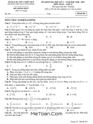 Đề thi HK1 Toán 11 năm 2020 - 2021 trường THPT An Lương Đông - TT Huế