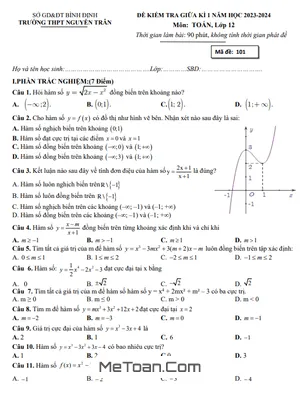 Đề Thi Giữa Kì 1 Toán 12 Năm 2023 - 2024 Trường THPT Nguyễn Trân - Bình Định