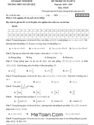 Đề thi học kỳ 2 Toán 12 năm 2018 - 2019 trường Nguyễn Huệ - Ninh Bình