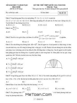 Đề thi thử Toán THPT Quốc gia 2018 sở GD và ĐT Trà Vinh