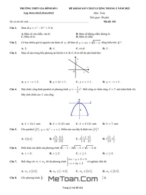 Đề khảo sát Toán 10 tháng 1 năm 2022 trường THPT Gia Bình 1 – Bắc Ninh