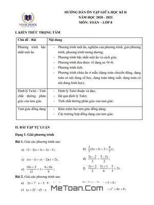 Hướng Dẫn Ôn Tập Giữa Kì 2 Toán 8 Năm 2020 - 2021 Trường Vinschool - Hà Nội