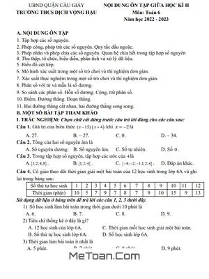 Đề Cương Ôn Tập Giữa Kì 2 Môn Toán Lớp 6 Năm 2022 - 2023 Trường THCS Dịch Vọng Hậu - Hà Nội