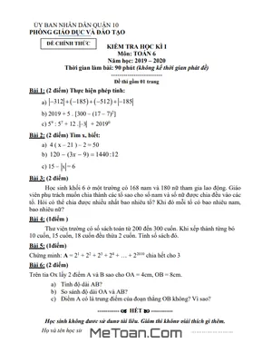 Đề thi học kỳ 1 Toán lớp 6 năm 2019 - 2020 phòng GD&ĐT Quận 10 - TP HCM