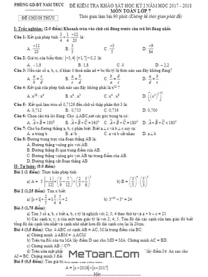 Đề thi HK1 Toán 7 năm 2017-2018 phòng GD&ĐT Nam Trực - Nam Định (có đáp án)