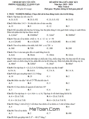 Đề thi giữa kì 1 Toán 6 năm 2023 - 2024 phòng GD&ĐT Tân Yên - Bắc Giang