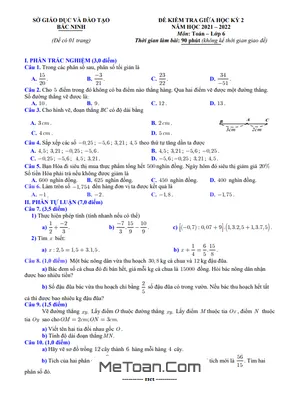 Đề kiểm tra giữa kỳ 2 Toán lớp 6 năm 2021 - 2022 sở GD&ĐT Bắc Ninh