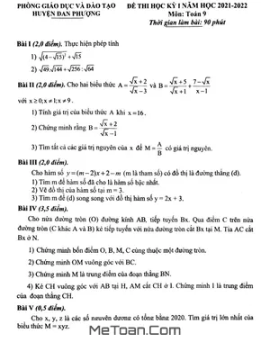 Đề thi học kỳ 1 Toán 9 năm 2021 – 2022 phòng GD&ĐT Đan Phượng – Hà Nội