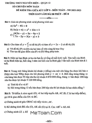 Đề Thi Giữa Kì 2 Toán 9 Năm 2022 - 2023 Trường THCS Nguyễn Hiền - TP HCM