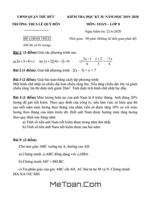 Đề Thi HK2 Toán 8 Năm 2019 - 2020 Trường THCS Lê Quý Đôn - TP HCM