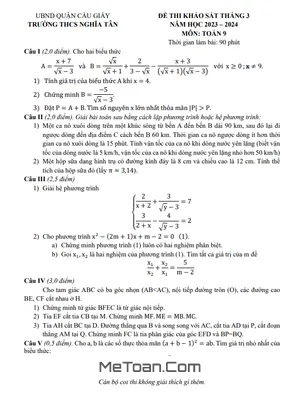 Đề khảo sát Toán 9 tháng 3 năm 2024 trường THCS Nghĩa Tân - Hà Nội
