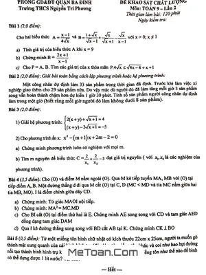 Đề khảo sát chất lượng Toán 9 lần 2 trường THCS Nguyễn Tri Phương - Hà Nội