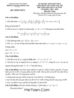Đề thi học sinh giỏi Toán 8 năm 2024 phòng GD&ĐT Yên Định - Thanh Hóa