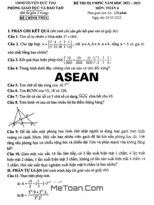 Đề thi Olympic Toán 6 năm 2022 - 2023 phòng GD&ĐT Đức Thọ, Hà Tĩnh