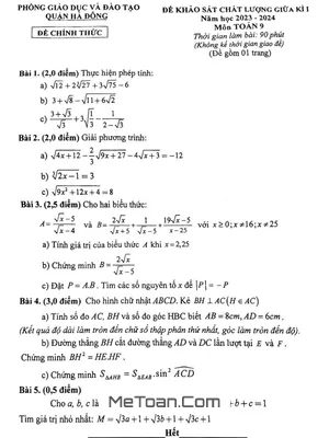 Đề thi giữa kì 1 Toán 9 năm 2023 - 2024 phòng GD&ĐT Hà Đông - Hà Nội