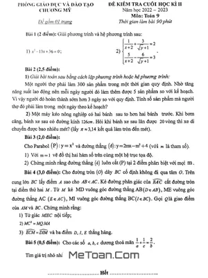 Đề thi học kì 2 Toán 9 năm 2022 - 2023 phòng GD&ĐT Chương Mỹ - Hà Nội