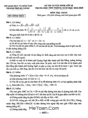 Đề thi tuyển sinh lớp 10 môn Toán năm 2024 - 2025 Sở GD&ĐT Đà Nẵng