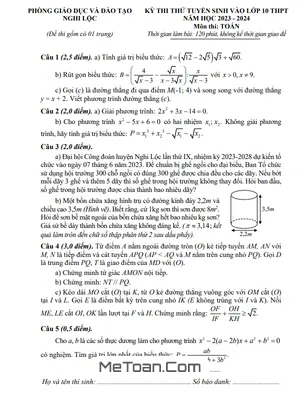 Đề thi thử Toán vào lớp 10 năm 2023 – 2024 phòng GD&ĐT Nghi Lộc – Nghệ An