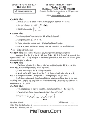 Đề thi tuyển sinh lớp 10 môn Toán năm 2021 - 2022 Sở GD&ĐT Ninh Bình