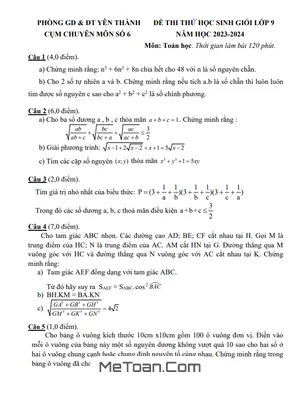 Đề thi thử HSG Toán 9 năm 2023 - 2024 cụm chuyên môn 6 Yên Thành - Nghệ An