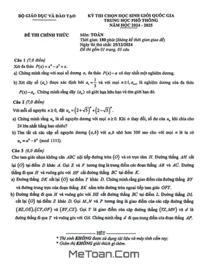 Đề thi chọn học sinh giỏi Quốc gia môn Toán THPT năm học 2024 - 2025