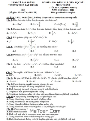 Tải Đề thi giữa kì 1 Toán 8 năm 2025 - 2026 trường THCS Bát Tràng (Có Đáp Án)