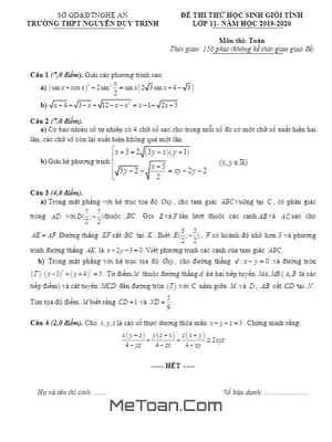 Đề thi thử HSG tỉnh Toán 11 năm 2019 - 2020 trường Nguyễn Duy Trinh - Nghệ An