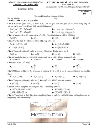 Đề thi cuối kì 1 Toán 10 năm 2023 - 2024 trường THPT Hàng Hải - Hải Phòng