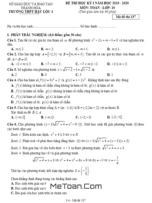 Đề thi HK1 Toán 10 năm 2019 - 2020 trường THPT Hậu Lộc 4 - Thanh Hóa