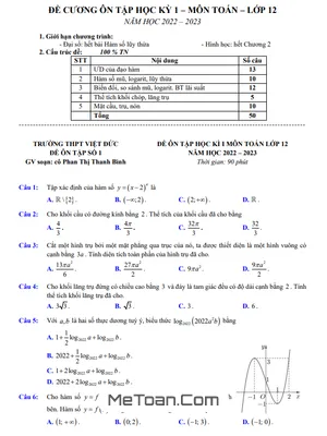 Đề Ôn Tập Học Kì 1 Toán 12 Năm 2022 - 2023 Trường THPT Việt Đức - Hà Nội