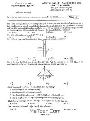 Đề kiểm tra học kỳ 1 Toán 12 năm 2018 - 2019 trường THPT Việt Đức - Hà Nội