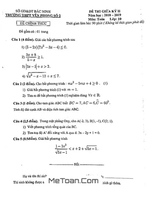 Đề thi giữa kì 2 Toán 10 năm 2018 - 2019 trường Yên Phong 2 - Bắc Ninh