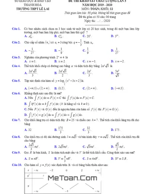 Đề khảo sát Toán 12 lần 3 năm 2019 - 2020 trường THPT Lê Lai - Thanh Hóa