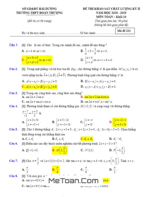 Đề thi KSCL kỳ 2 Toán 10 năm 2018 – 2019 trường Đoàn Thượng – Hải Dương
