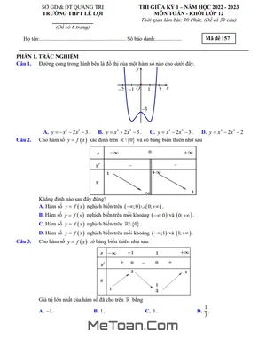 Đề Thi Giữa Kỳ 1 Toán 12 Năm 2022 - 2023 Trường THPT Lê Lợi - Quảng Trị (Có Đáp Án)