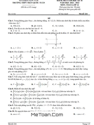 Đề thi cuối kỳ 2 Toán 12 năm 2022 - 2023 trường THPT Trần Quốc Tuấn - Kon Tum