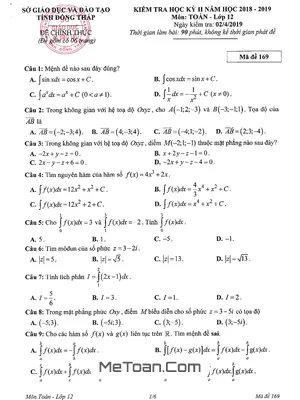 Đề thi học kỳ 2 Toán 12 năm học 2018 - 2019 sở GD&ĐT Đồng Tháp