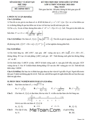 Đề thi chọn HSG cấp tỉnh Toán 12 năm 2023 - 2024 Sở GD&ĐT Phú Thọ