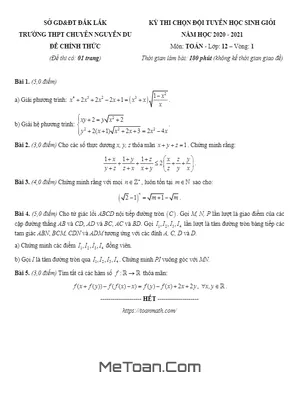 Đề thi HSG Toán 12 (vòng 1) năm học 2020 - 2021 trường chuyên Nguyễn Du - Đắk Lắk