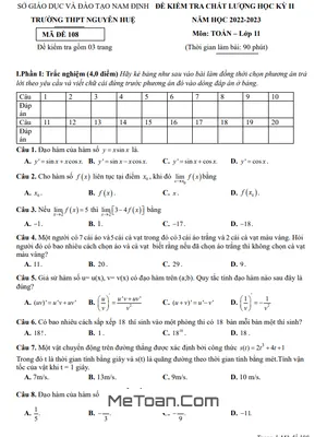 Đề Thi Học Kỳ 2 Môn Toán Lớp 11 Năm 2022 - 2023 Trường THPT Nguyễn Huệ - Nam Định