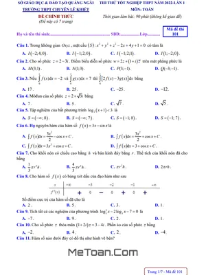 Đề thi thử Toán TN THPT 2022 lần 1 trường chuyên Lê Khiết – Quảng Ngãi