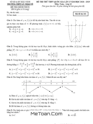 Đề thi thử Toán THPT QG 2019 lần 2 trường Lý Thái Tổ – Bắc Ninh