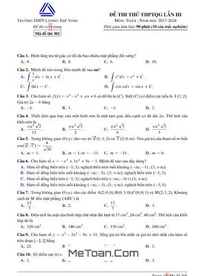 Đề Thi Thử Toán THPTQG 2018 Trường THPT Lương Thế Vinh - Hà Nội Lần 3 (Có Đáp Án)