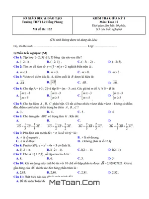 Đề Thi Giữa Kì 1 Toán 10 Năm 2020 - 2021 Trường THPT Lê Hồng Phong - Quảng Nam