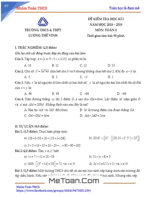 Đề thi học kì 1 Toán lớp 6 năm 2018 - 2019 trường Lương Thế Vinh - Hà Nội (có đáp án)