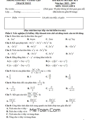Đề thi học kỳ 1 Toán 8 năm 2023 - 2024 phòng GD&ĐT Thạch Thất - Hà Nội