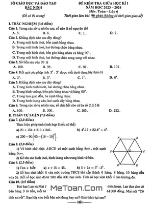 Đề thi giữa kỳ 1 Toán lớp 6 năm 2023 - 2024 sở GD&ĐT Bắc Ninh