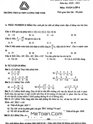 Đề thi giữa kì 2 Toán lớp 6 năm 2020 - 2021 trường Lương Thế Vinh - Hà Nội